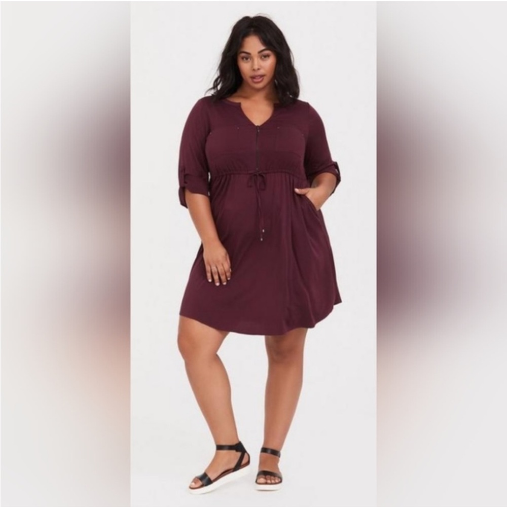 Torrid burgundy red challis shirt dress featuring a zipper front, 3/4 sleeves